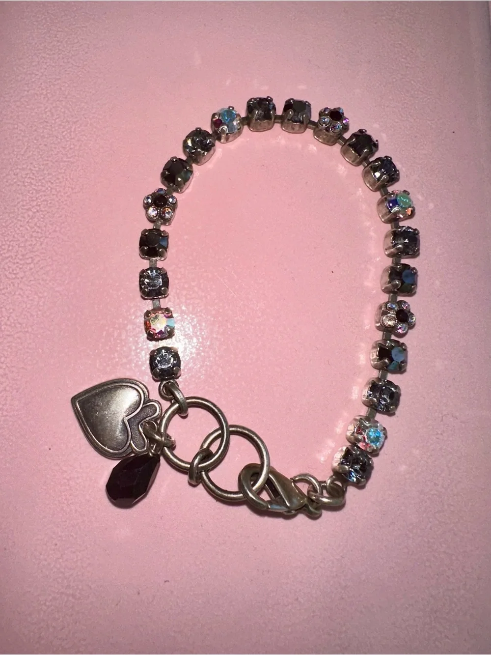 Mariana Silver,Black, Gray, ab, flower Swarovski Crystal Heart Charm Bracelet